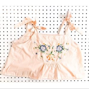 Vintage tie embroidered top, peach crop top,
